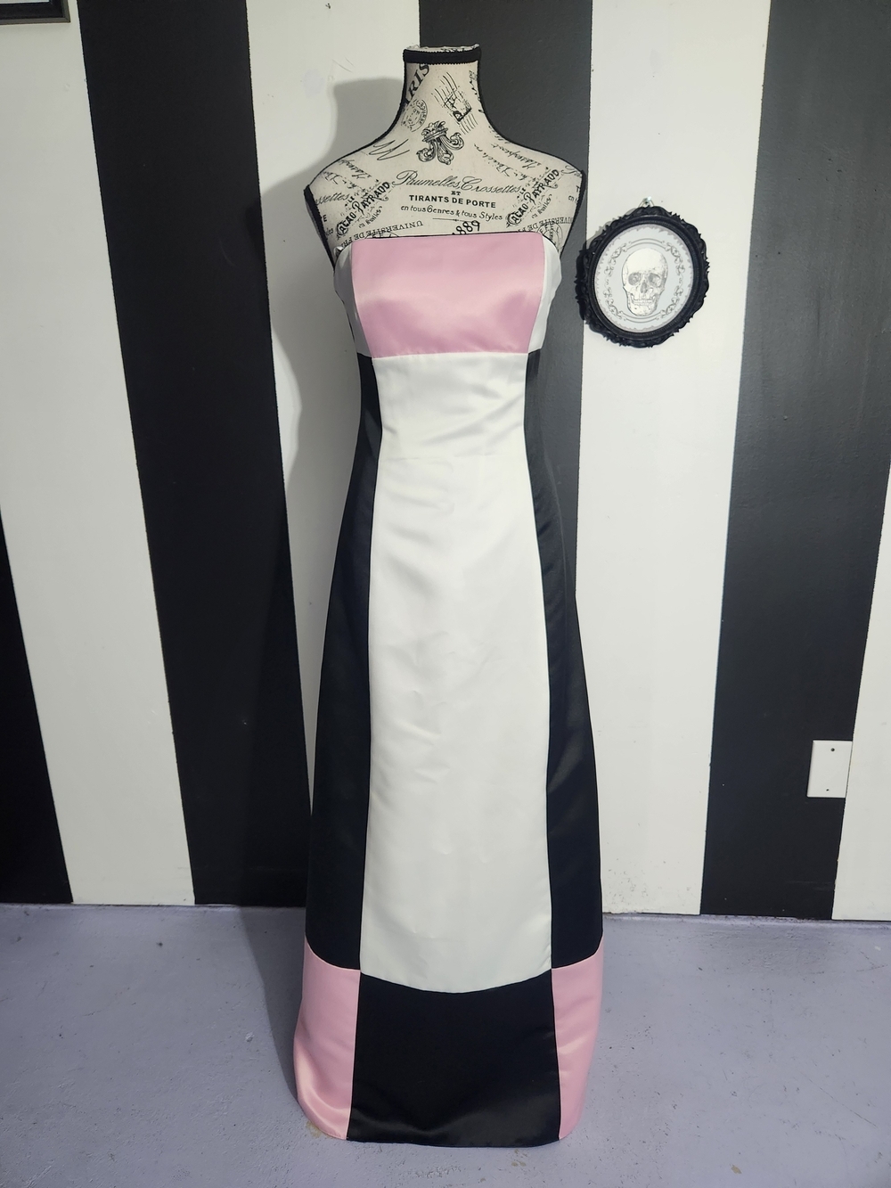 Gunne Sax Strapless Colorblock Gown in Pink, White & Black